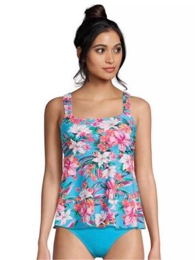 Lands' End MEDIUM Peplum Empire Waist Padded Flutter Scoopneck Swim Tankini NWT